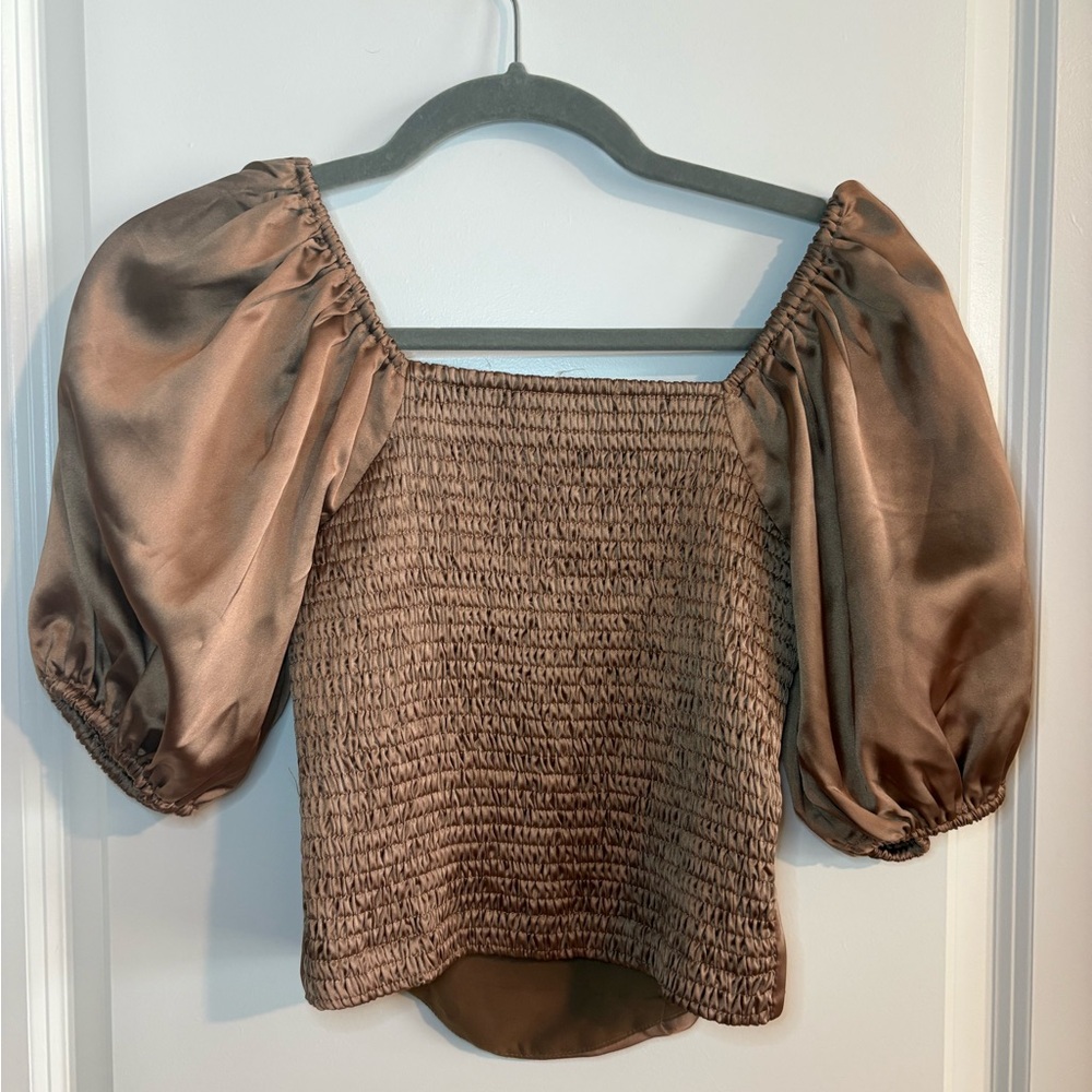 Elegant Brown Satin Puff Sleeve Top - Picture 2 of 2